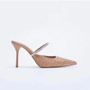 ZARA Nude Woven Mule Pointed Toe Rhinestone Strap Mule Size 39